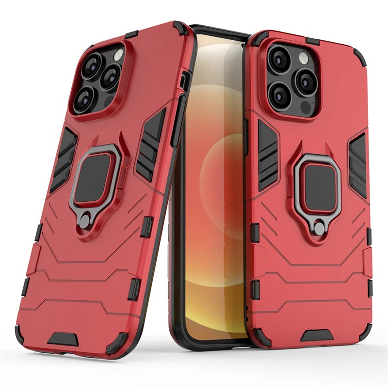 Coque de téléphone rouge avec un anneau et un téléphone à l'intérieur. Deux coques sont montrées.