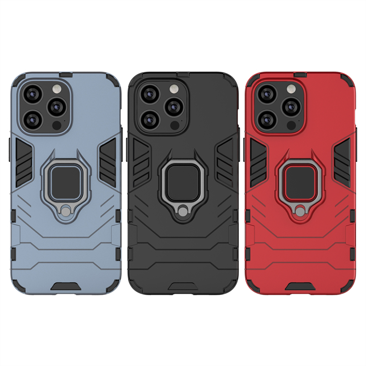 Drie harde telefoonhoesjes: lichtblauw, zwart en rood. Elk heeft een ringhouder.