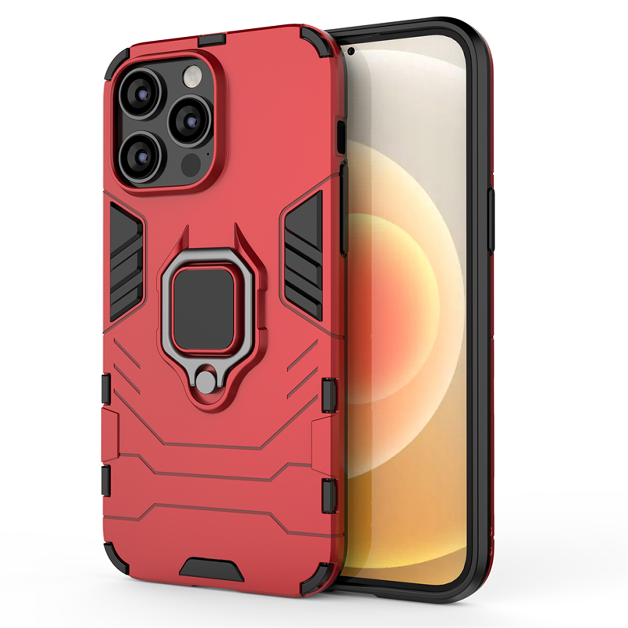 Coque de téléphone rouge avec support d'anneau, téléphone visible. Fond blanc.