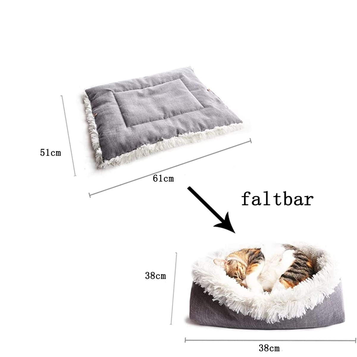 Ein graues Katzenbett, mit einer darin eingerollten Katze. Das Bett ist grau mit weißem Fell.