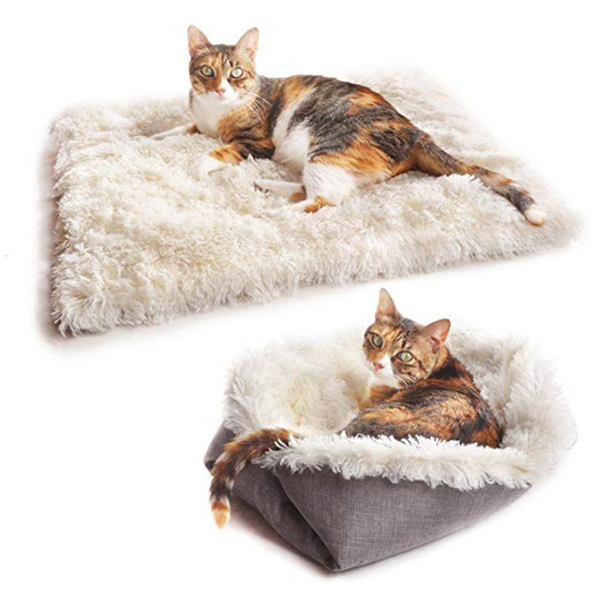 Zwei Katzen ruhen auf flauschigen Betten. Eine auf einem weißen Bett, die andere in einem grauen Bett mit weißem Futter.