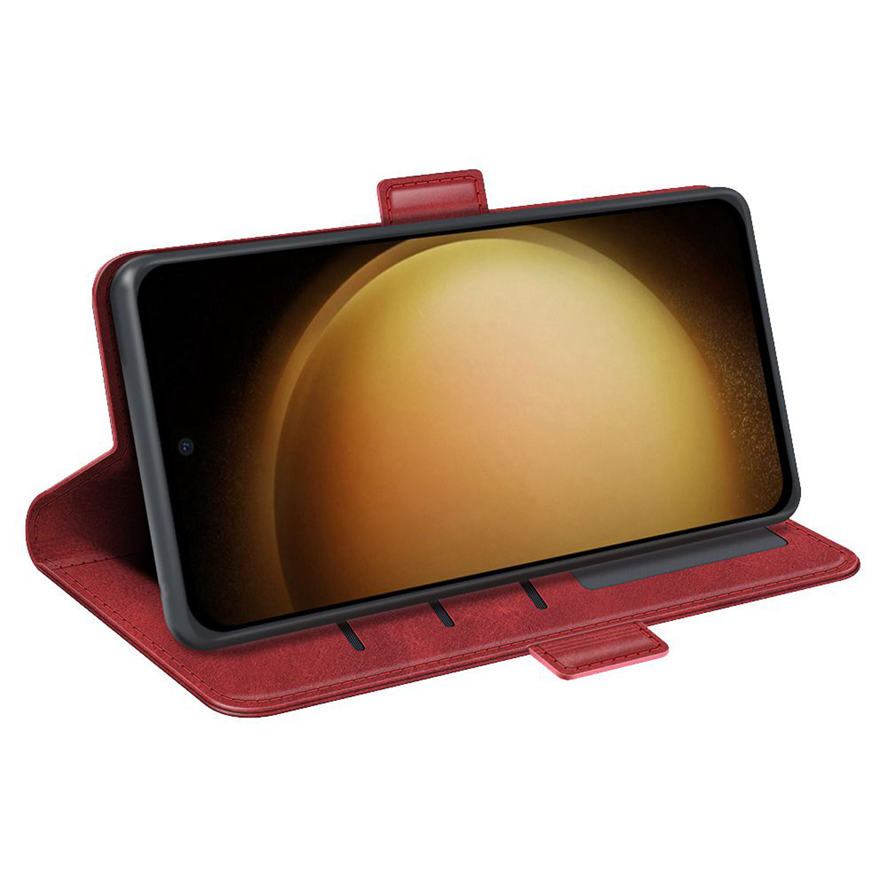 Rode leren telefoonhoes, open. Telefoon binnenin, met een gouden achtergrond.
