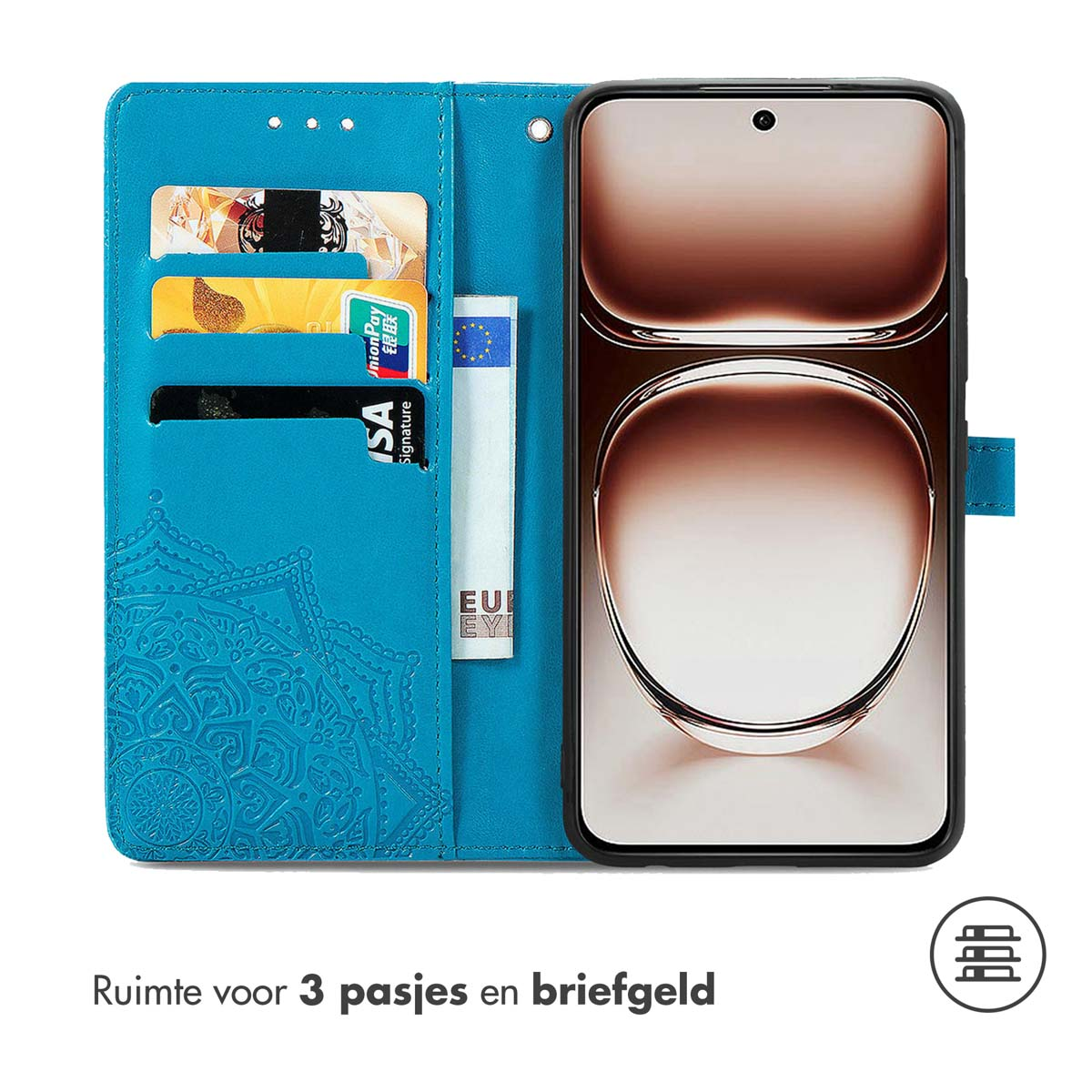 Turquoise telefoonhoes met mandala ontwerp, voor 3 kaarten en geld. Met een telefoon met display.