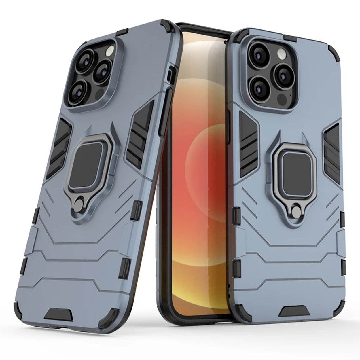 Grijze telefoonhoes met ringhouder, telefoon erin. De hoes staat rechts.