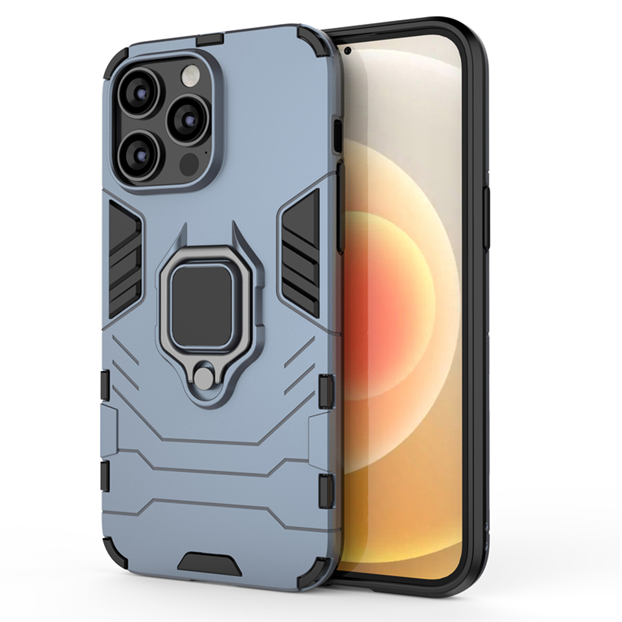 Blauwe en zwarte telefoonhoes met camera-uitsparingen en een ringhouder, met een telefoon met een wit scherm.