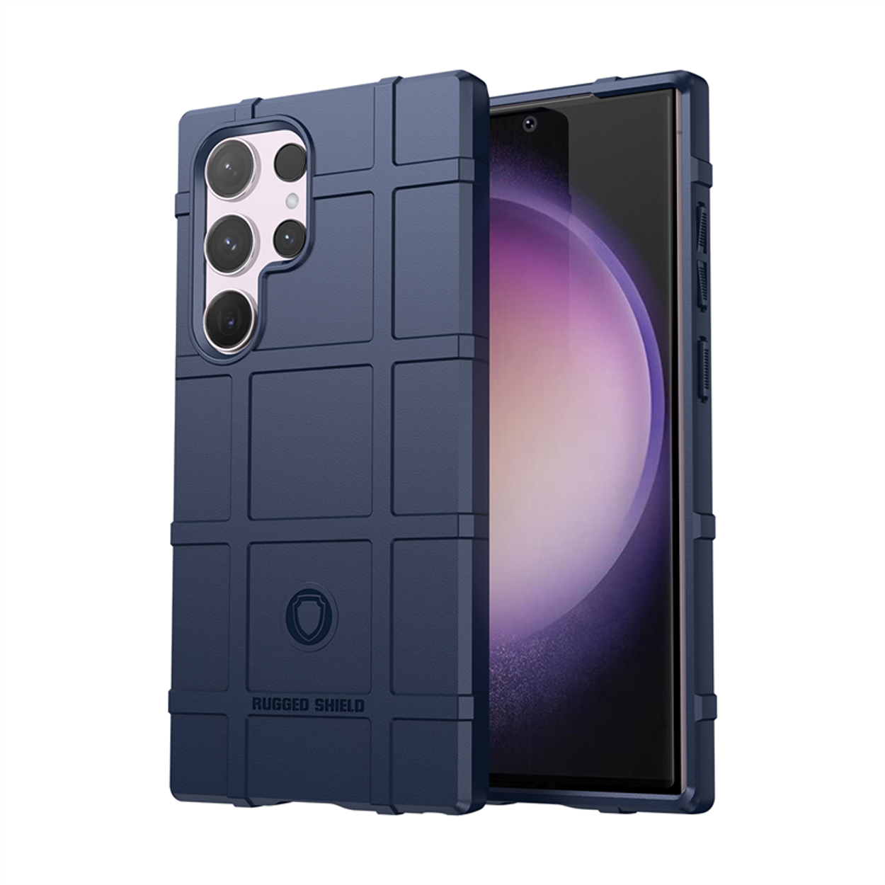 Blauwe robuuste telefoonhoes, telefoon erin. Witte achtergrond.
