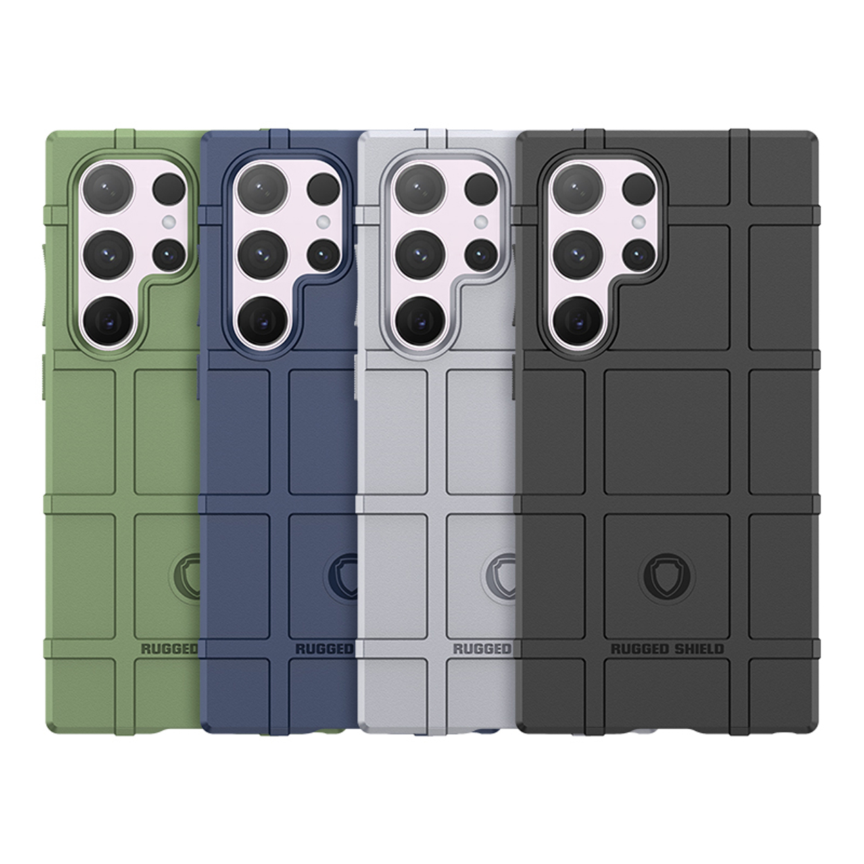 Vier telefoonhoesjes met een robuust ontwerp, elk in een andere kleur. Ze staan ​​naast elkaar.