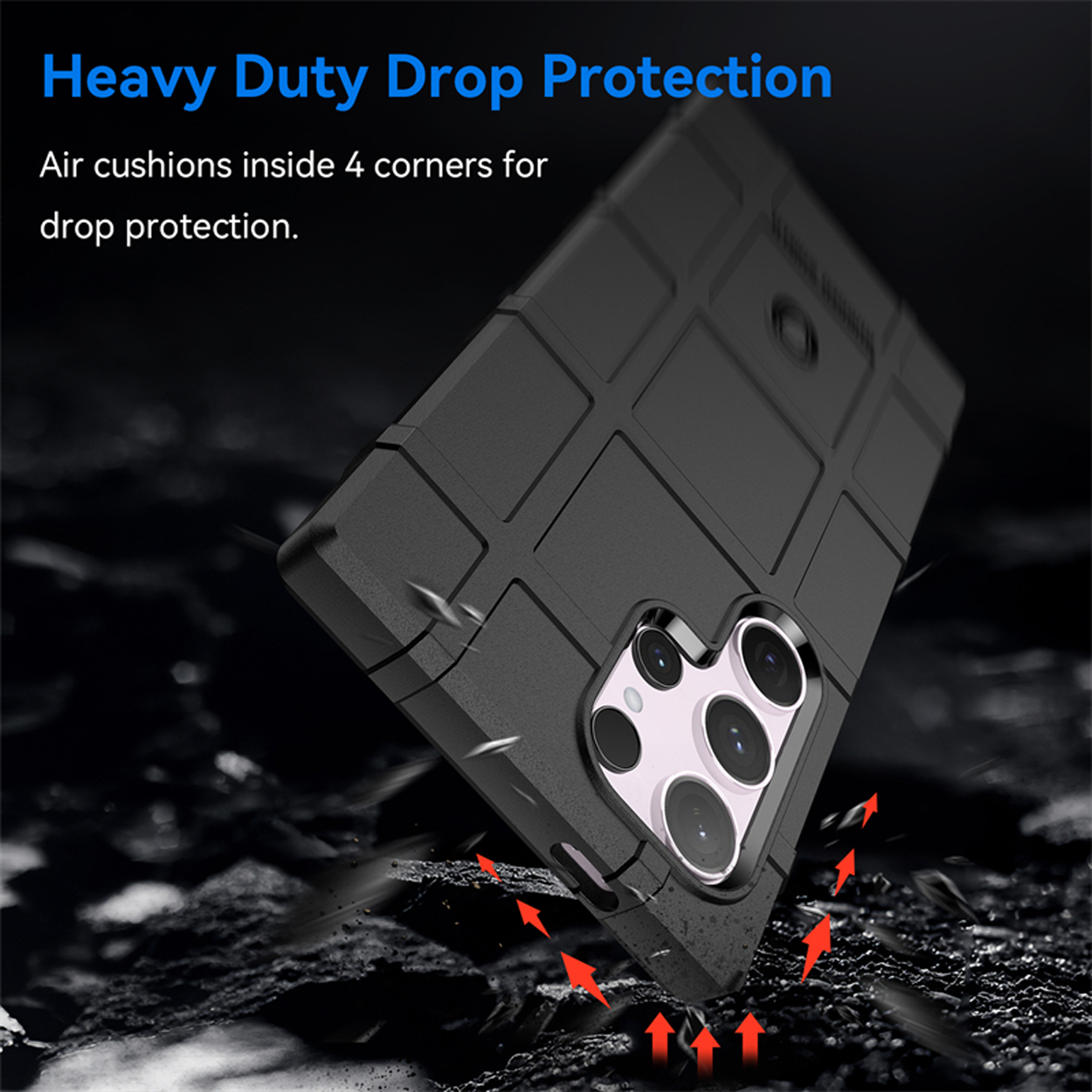 Zwarte telefoonhoes op een oppervlak. Toont de tekst 'Heavy Duty Drop Protection' en rode pijlen.
