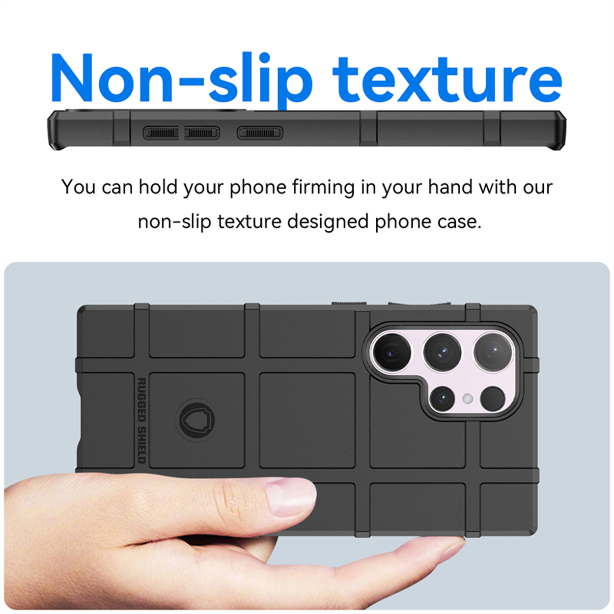 Zwarte telefoonhoes met antisliptextuur, tekst over grip en een telefoon in de hand.