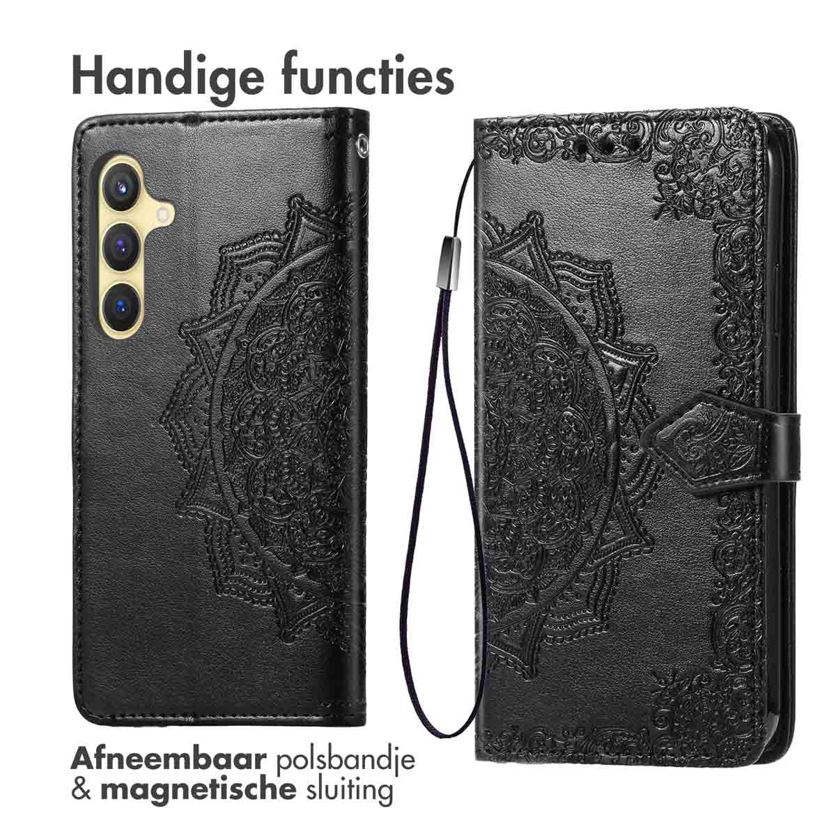 Un étui de téléphone noir avec un motif mandala, ouvert pour montrer le téléphone et une dragonne.