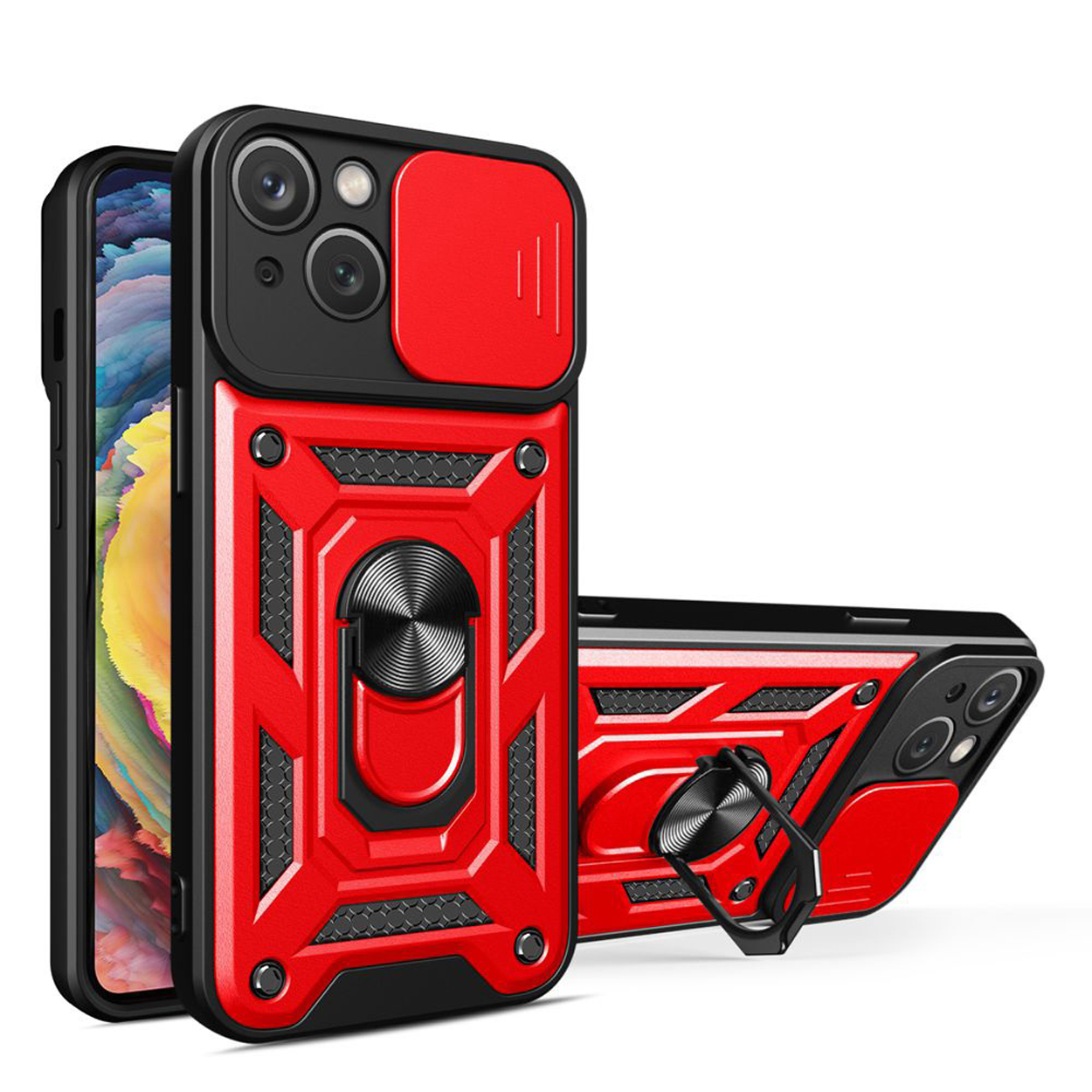 Rode en zwarte telefoonhoesjes met ring, één open. Zwarte telefoon binnen.
