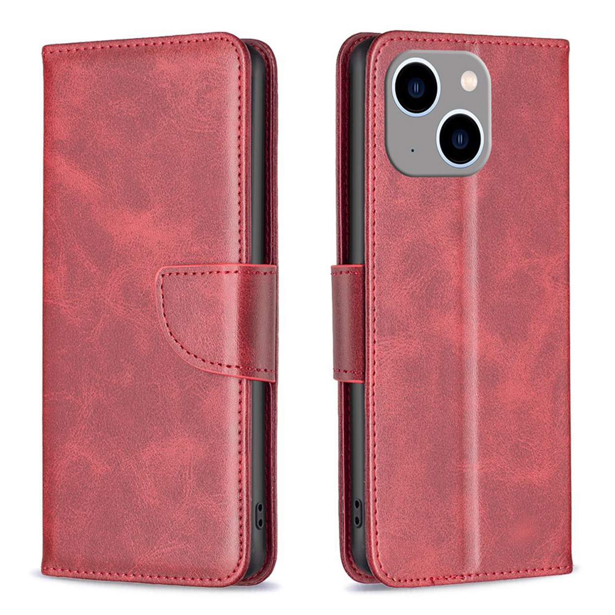 Rode leren telefoonhoes, open en dicht. Toont camera en hoesdetails.