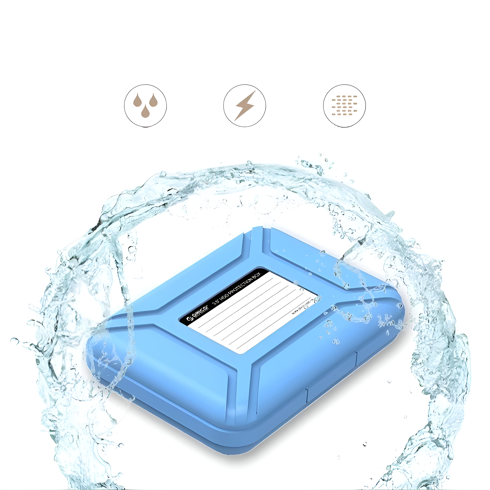 Blaue Schutzbox mit Wasserspritzern. Drei Symbole für den Schutz sind sichtbar.