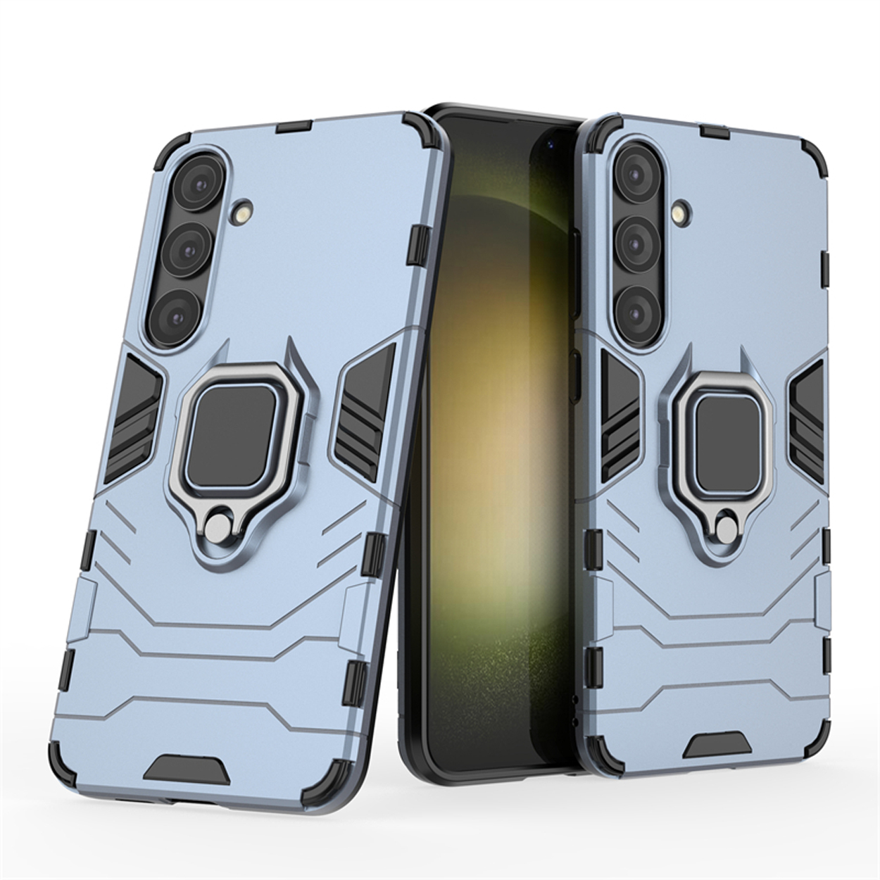 Coque de téléphone bleue avec support de bague, debout, montrant une vue arrière et latérale. Téléphone non inclus.