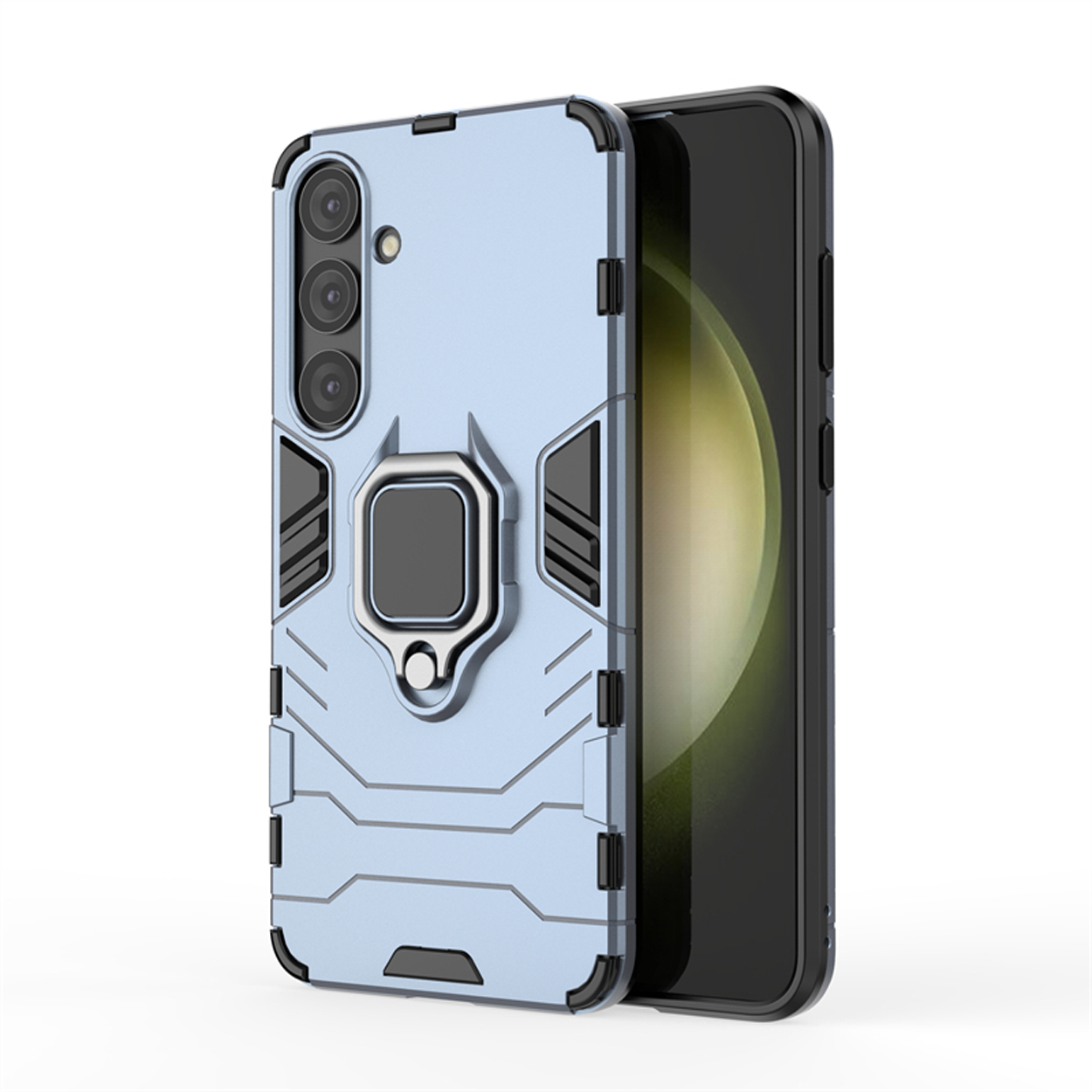 Coque de téléphone bleue avec porte-anneau, un téléphone noir est partiellement dedans.