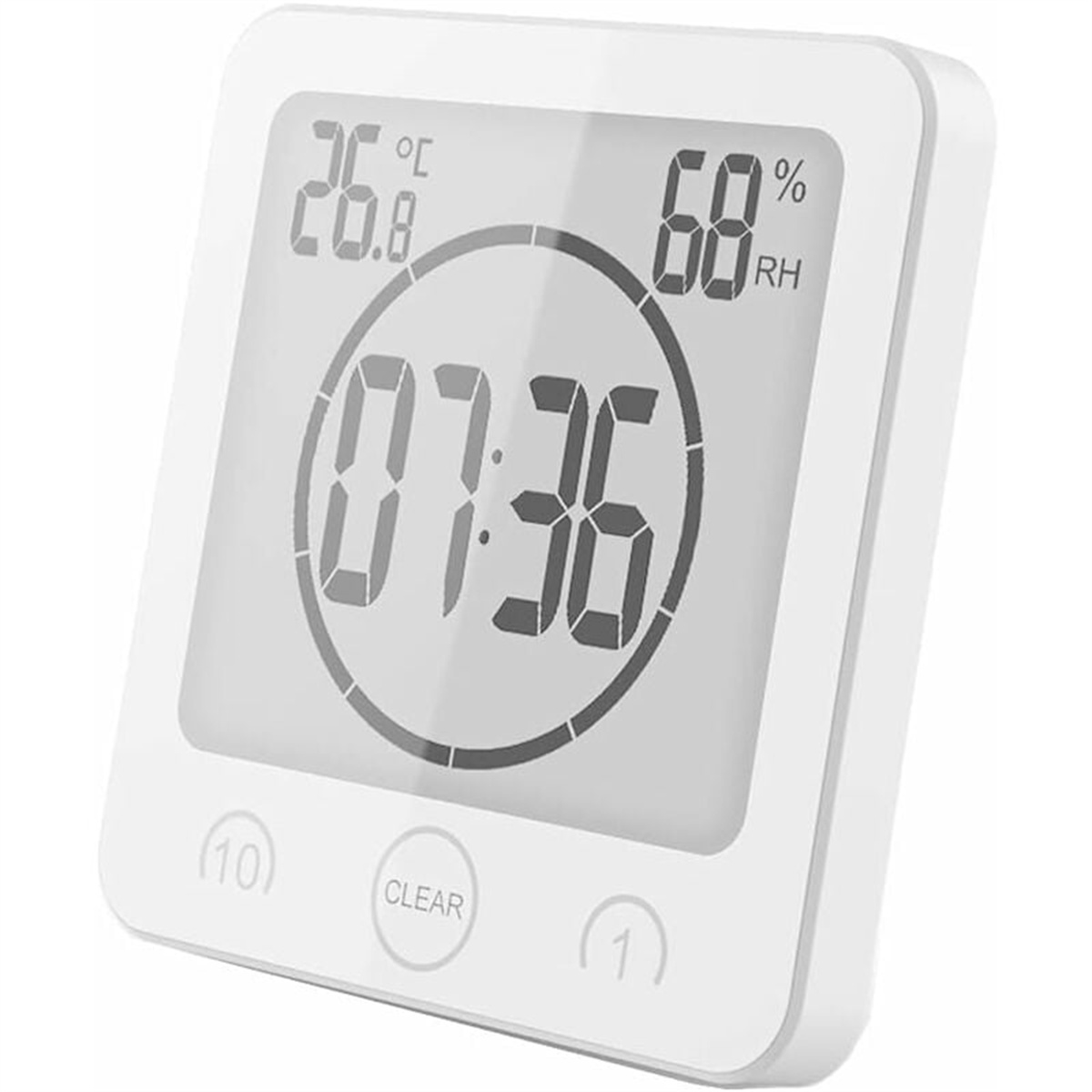 Digitaluhr mit Anzeige von Zeit, Temperatur und Luftfeuchtigkeit.