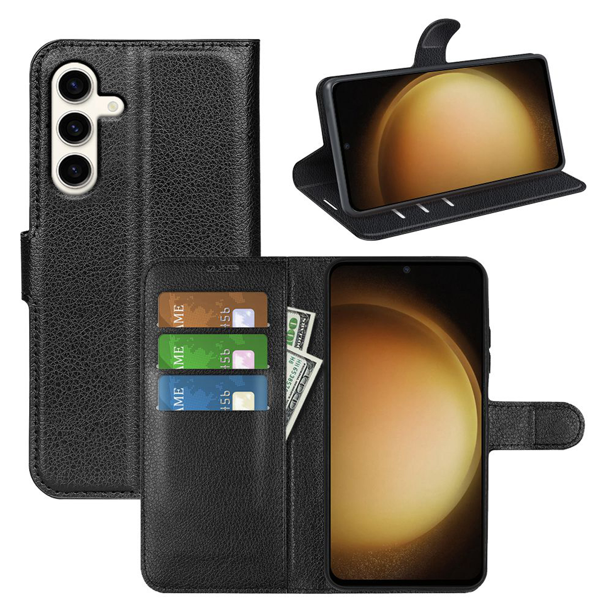 Étui de téléphone noir ouvert avec cartes, argent et téléphone. Fond blanc.