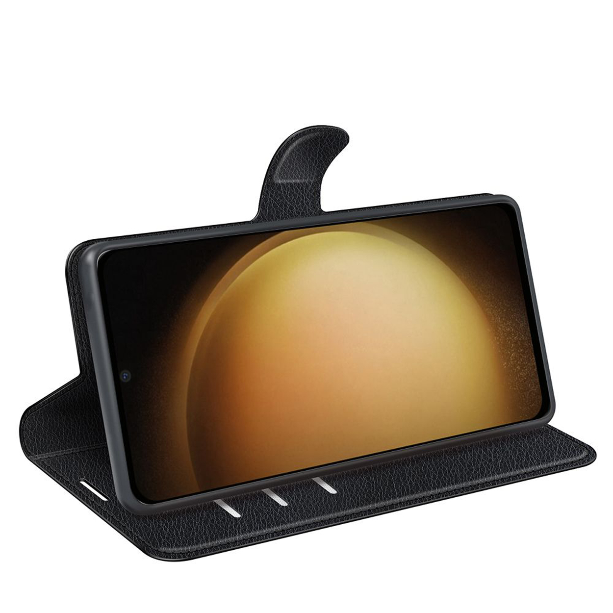 Étui de téléphone en cuir noir, ouvert. Téléphone à l'intérieur avec un fond doré.