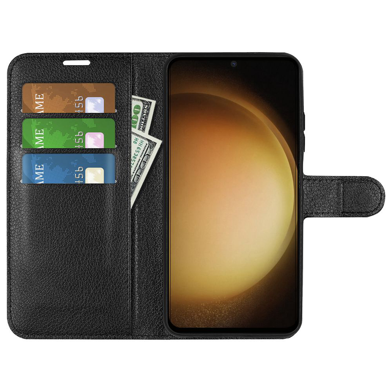 Étui de téléphone noir avec cartes et espèces. Téléphone avec écran. Étui portefeuille.