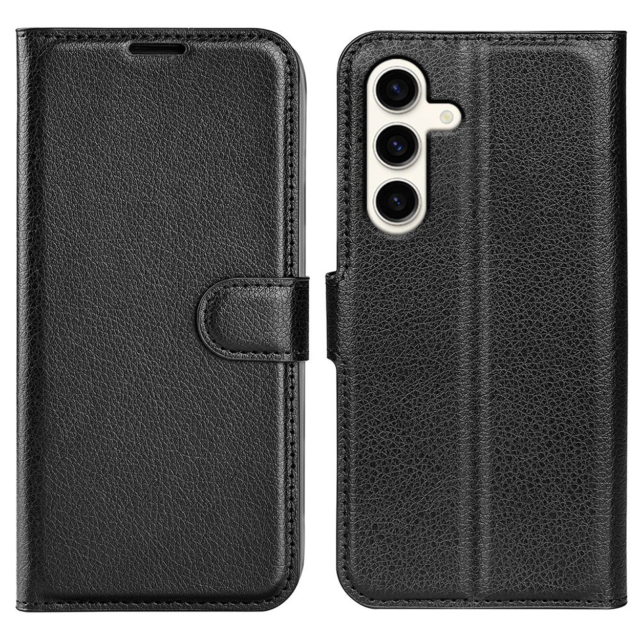 Étui de téléphone en cuir noir, ouvert et fermé, montrant le téléphone et les fentes.
