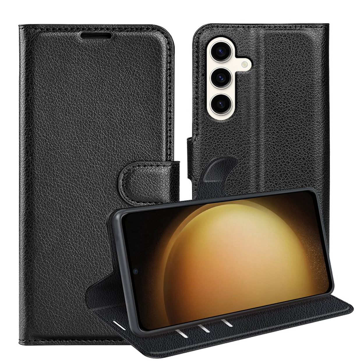 Étui de téléphone en cuir noir avec un téléphone à l'intérieur. Le téléphone est en paysage, montrant un fond doré.