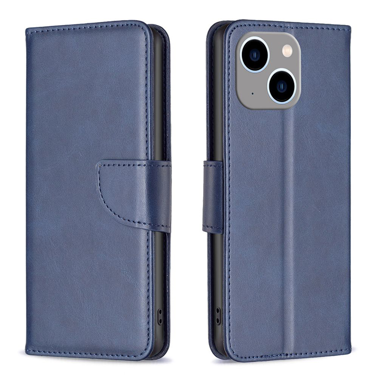 Blauwe leren telefoonhoes, open en dicht, met camera en hoesdetails.