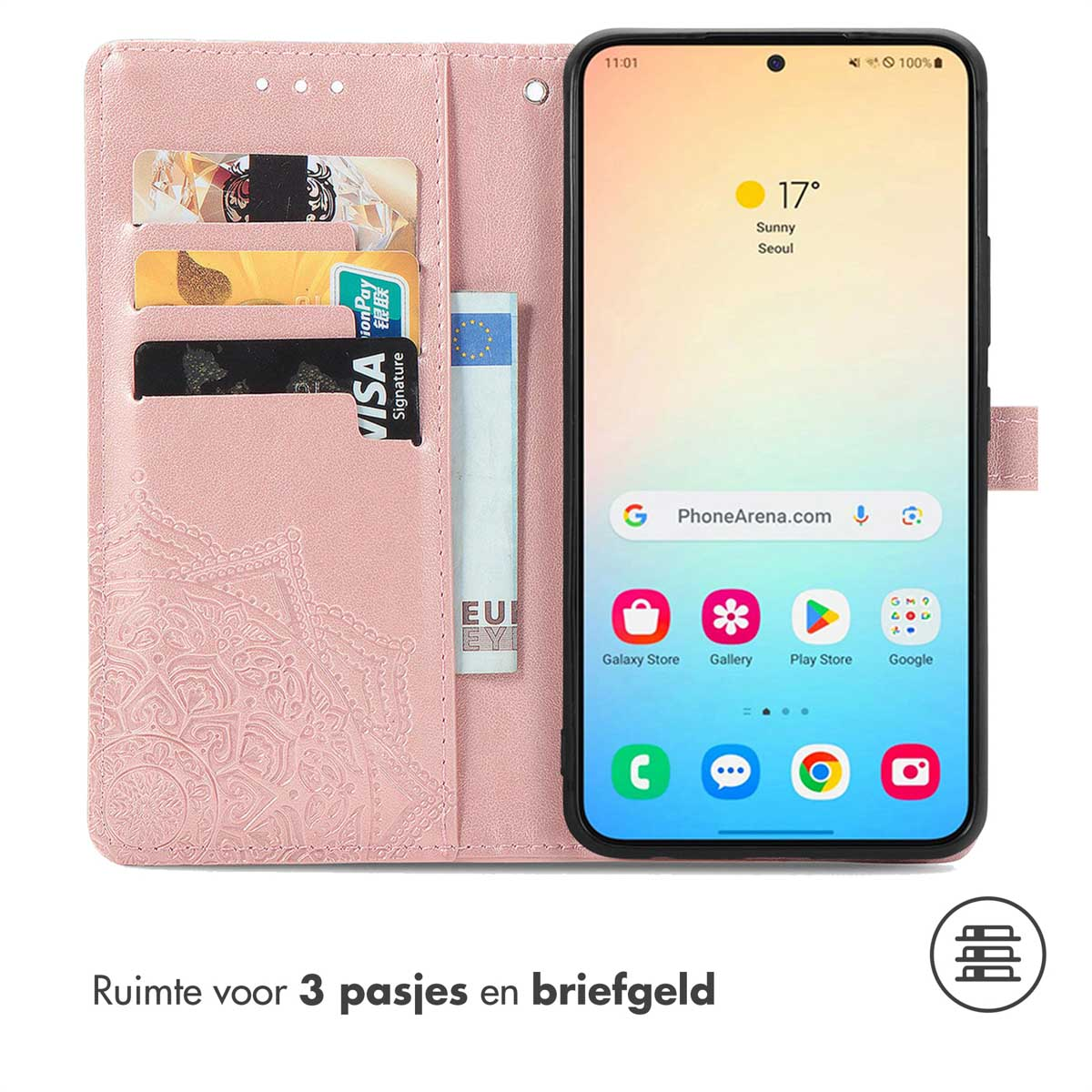 Een roze telefoonhoes, open, met kaarten en contant geld erin, en een telefoon die de interface weergeeft.