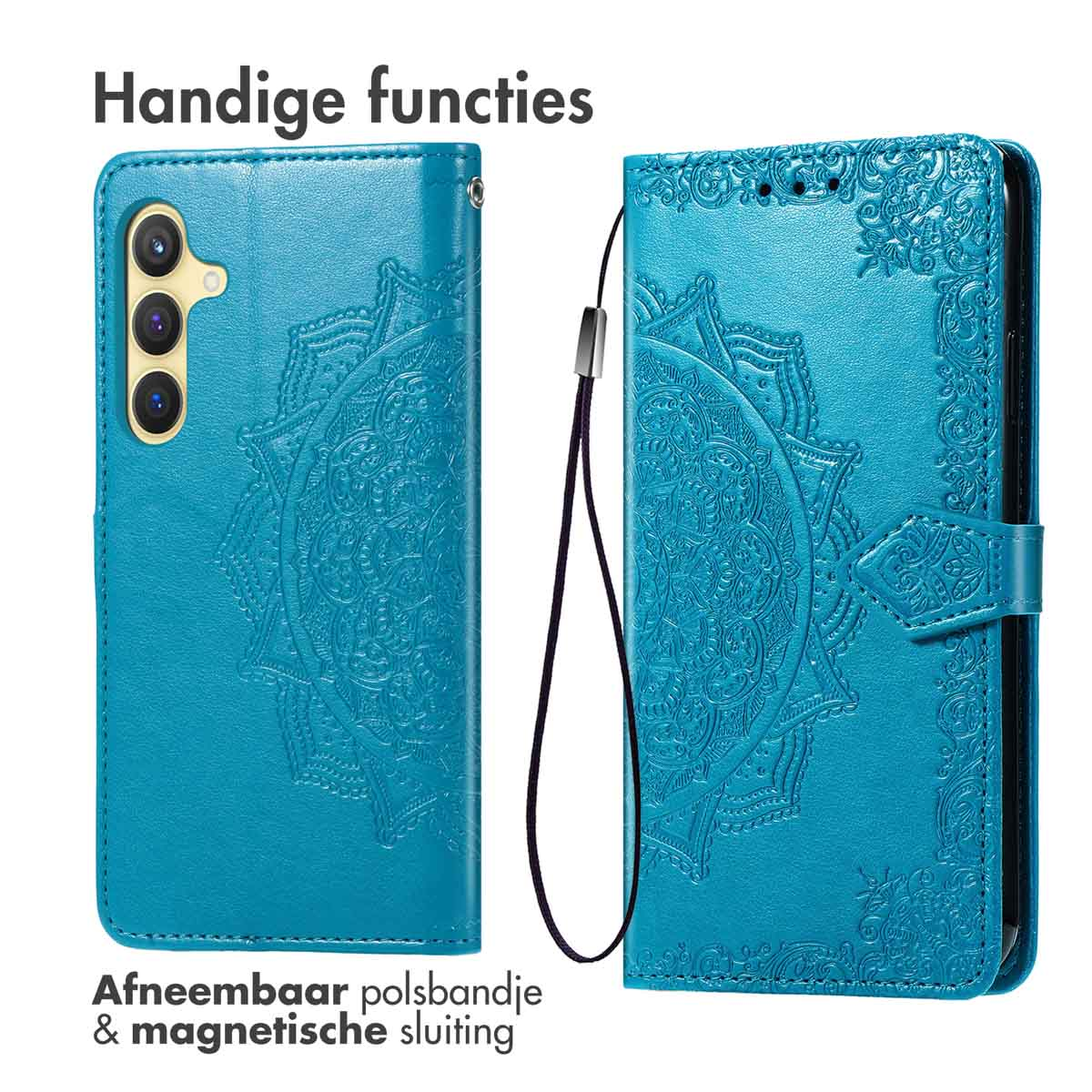 Een turquoise telefoonhoes, opengeklapt om de binnenkant en een polsbandje te laten zien.