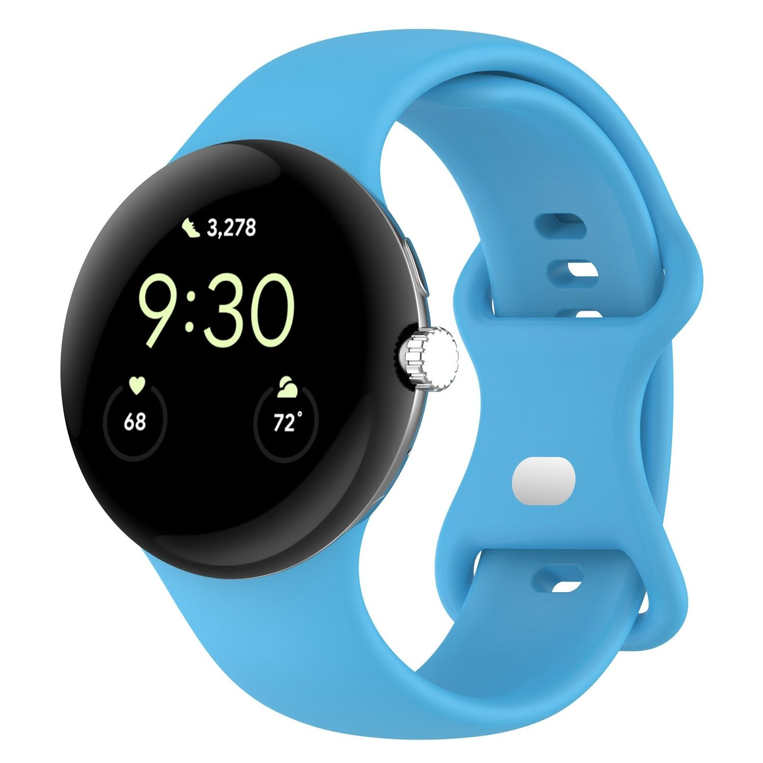 Blaue Smartwatch mit Zeitanzeige, auf weißem Hintergrund.