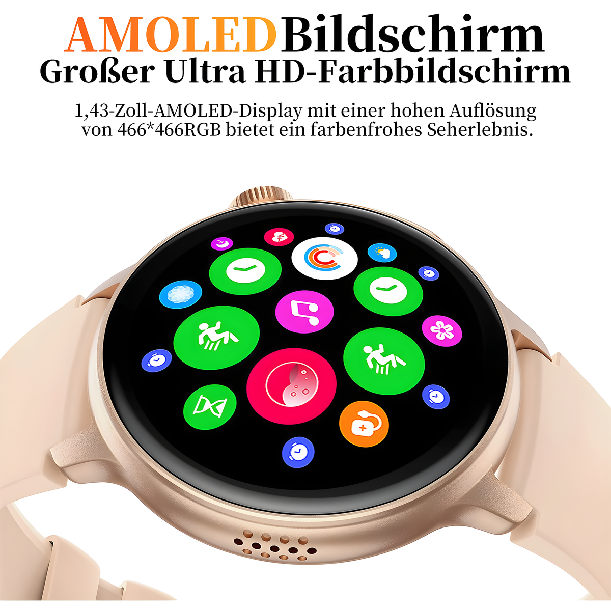 Nahaufnahme einer roségoldenen Smartwatch mit rundem Bildschirm, der bunte Symbole zeigt.