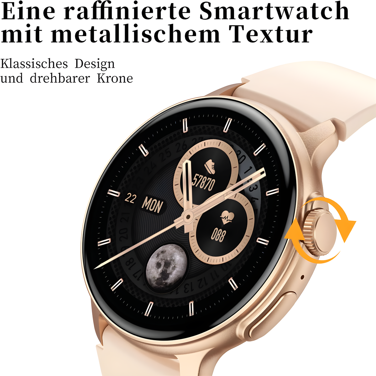 Eine goldene Smartwatch mit rundem Zifferblatt. Sie hat eine drehbare Krone und einen schwarzen Bildschirm.