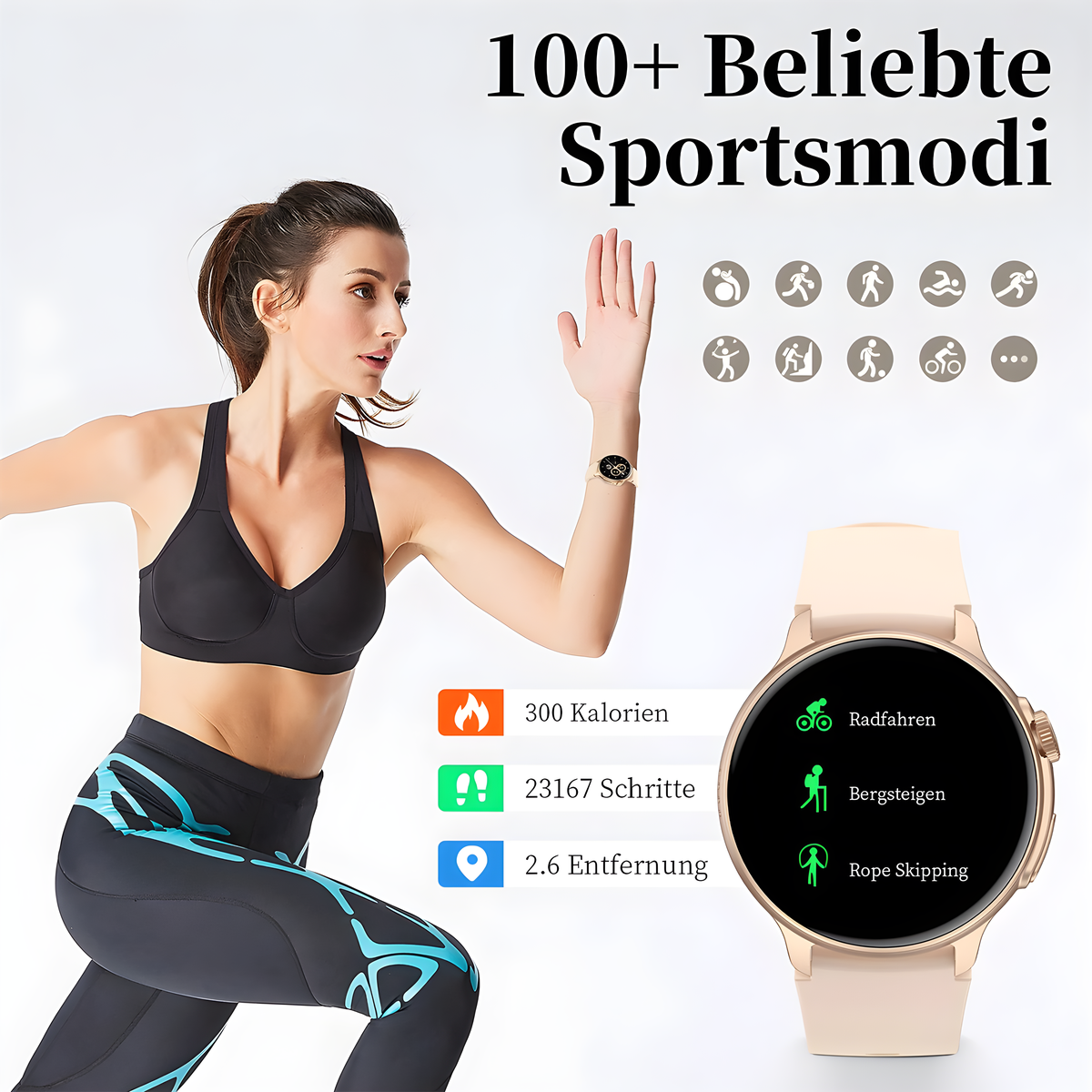 Frau mit Smartwatch und schwarzer Sportkleidung. Zeigt Aktivitätsdaten: Kalorien, Schritte, Distanz und Sport-Icons.