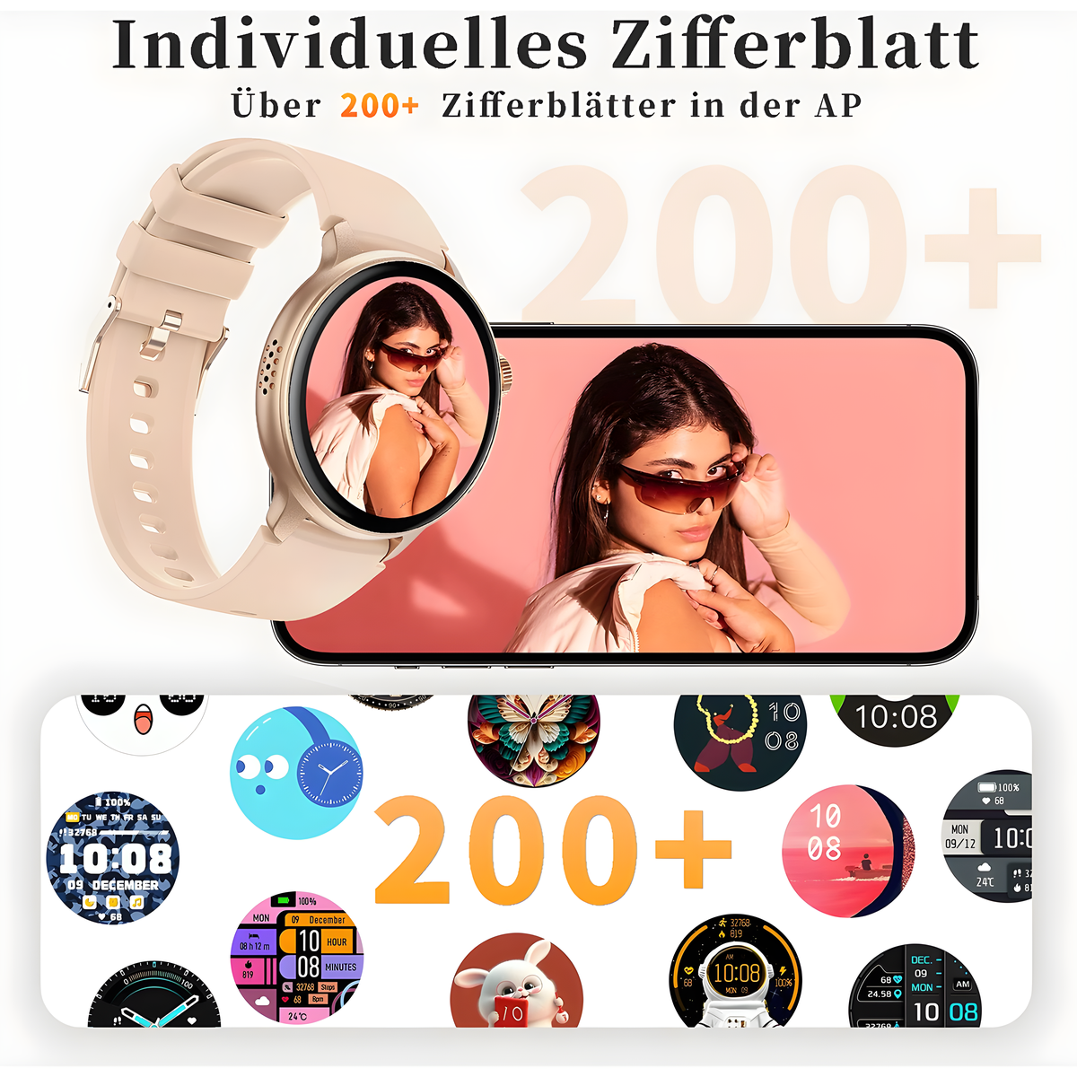 Smartwatch auf einem Smartphone-Display, das Zifferblätter zeigt, mit einer Frau, die eine Sonnenbrille trägt.