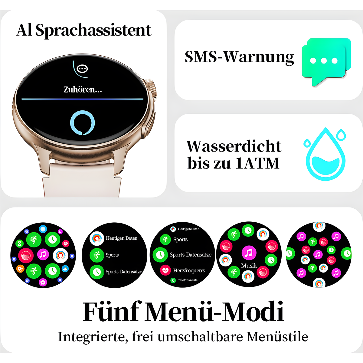 Eine Smartwatch mit goldenem Gehäuse und weißem Armband, die verschiedene Menüoptionen zeigt.