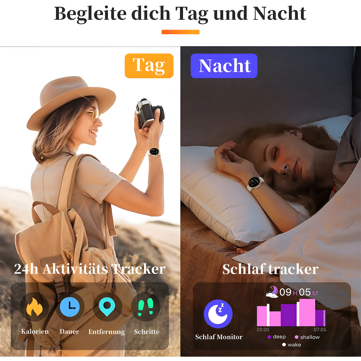 Ein geteiltes Bild zeigt eine Frau mit Kamera und eine schlafende Frau, mit Aktivitätstrackern.