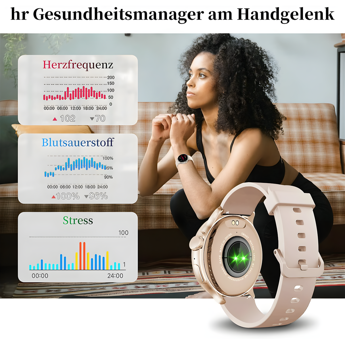 Frau hockt, trägt Smartwatch, zeigt Herzfrequenz, Sauerstoff, Stress. Gesundheitsmetriken werden angezeigt.