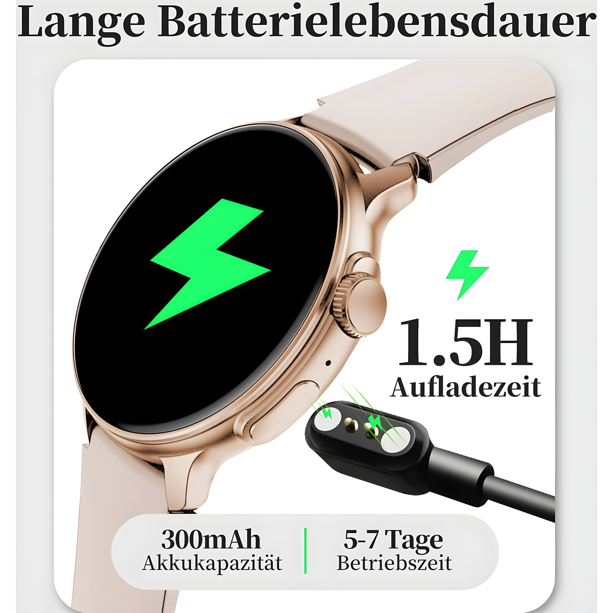 Eine goldene Smartwatch mit weißem Armband zeigt eine Ladeanzeige und Akkustatistiken.