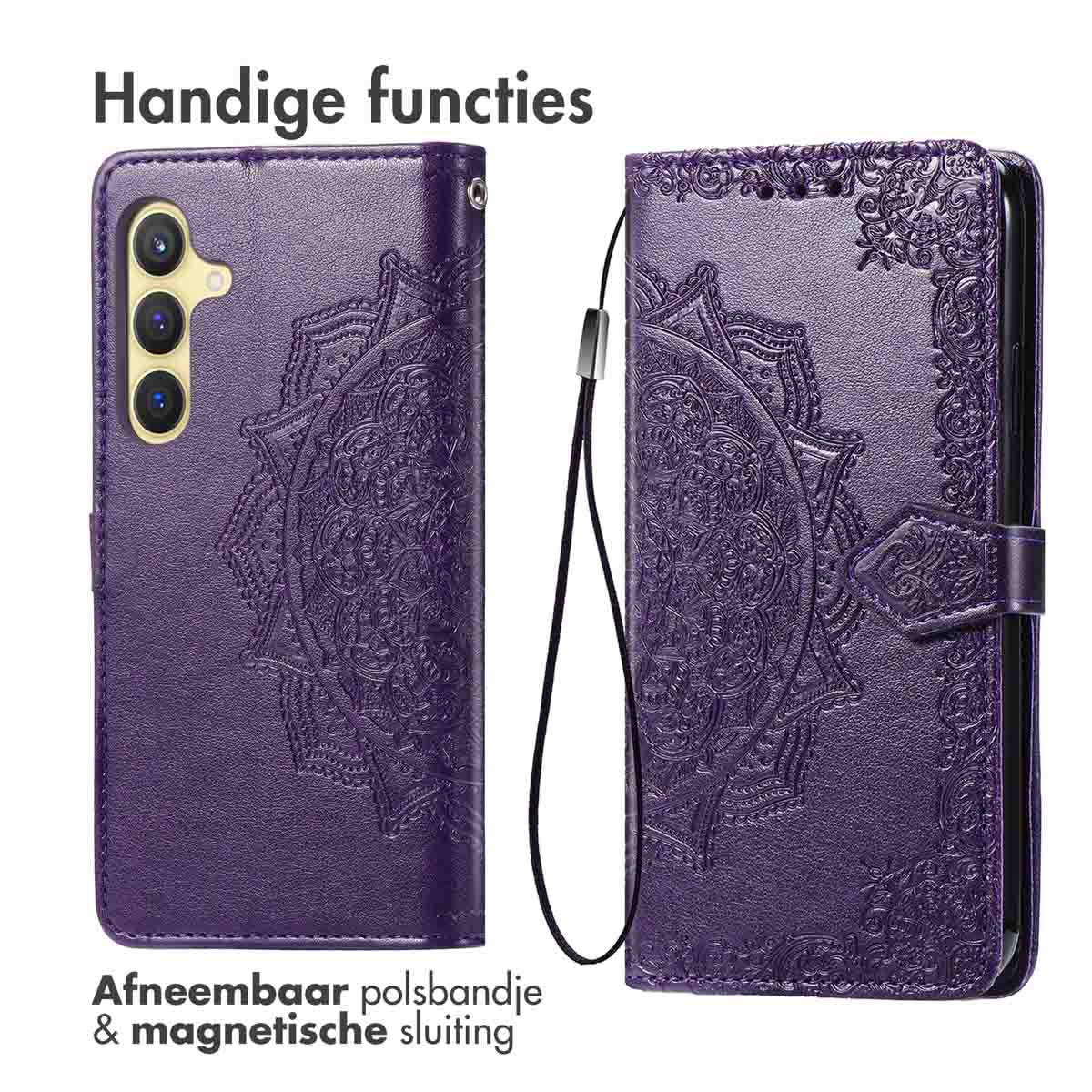 Étui de téléphone violet avec un motif floral. S'ouvre pour révéler un téléphone.