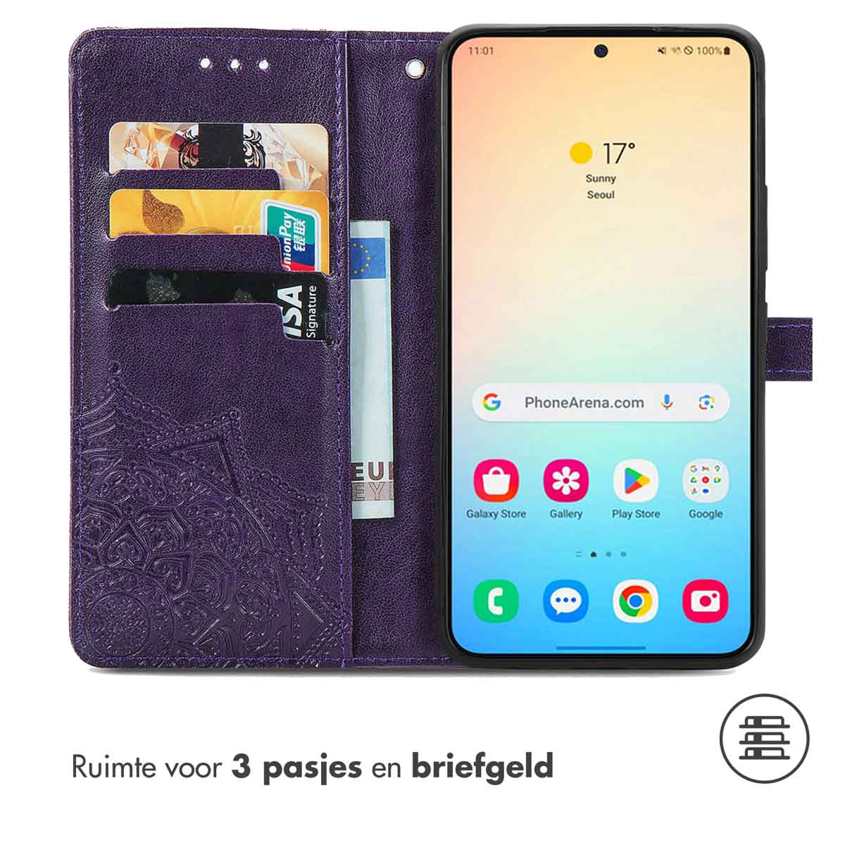 Étui de téléphone violet avec téléphone à l'intérieur. Ouvert, montrant cartes et espèces. Texte: 'Ruimte voor 3 pasjes'.