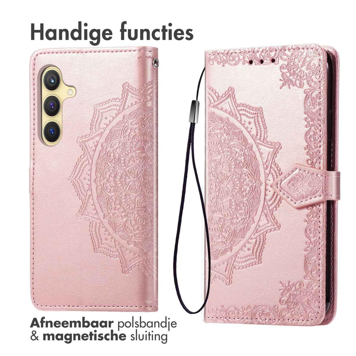 Roze telefoonhoesje met een bloemenpatroon. Het is open, met een telefoon erin. Witte achtergrond.