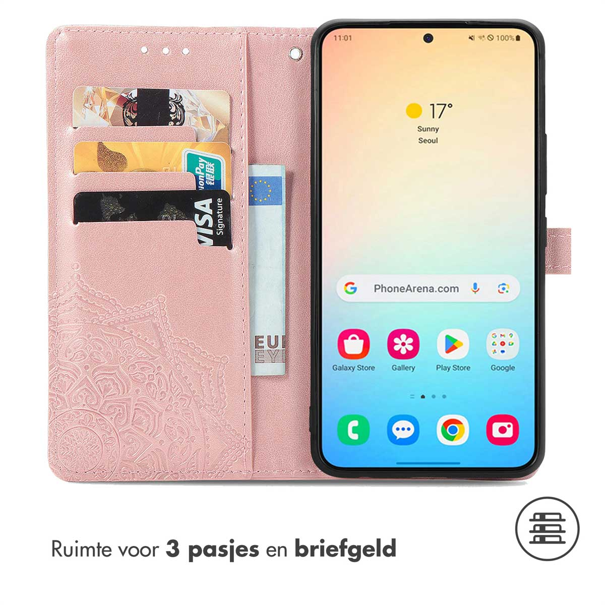 Roze telefoonhoesje met telefoon en kaarten.