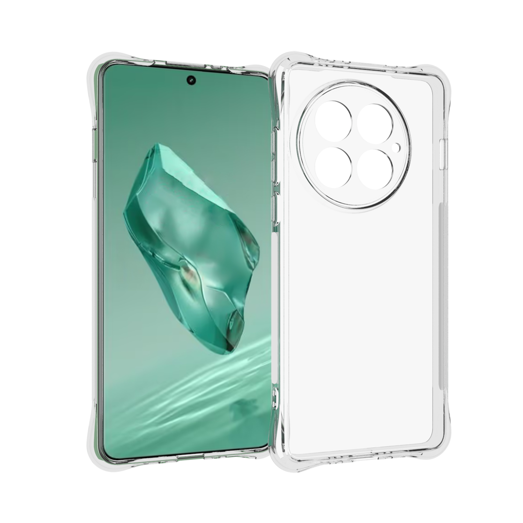 Telefon und transparente Hülle. Telefon zeigt Hintergrund mit grünem Kristall.