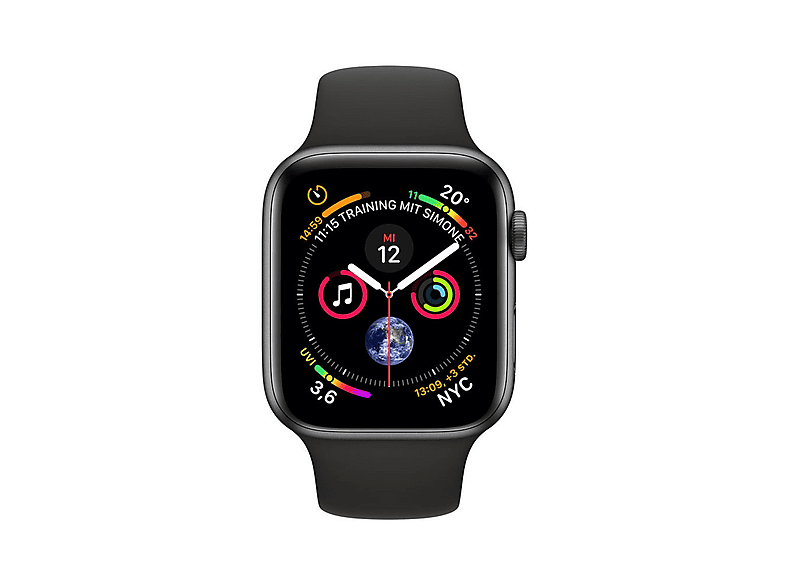 APPLE S4 GPS 44MM SPACE GREY ALU BLACK SPORT BAND Smartwatch Aluminium Kunststoff, 140-210 mm, Armband: Schwarz, Gehäuse: Dunkelgrau