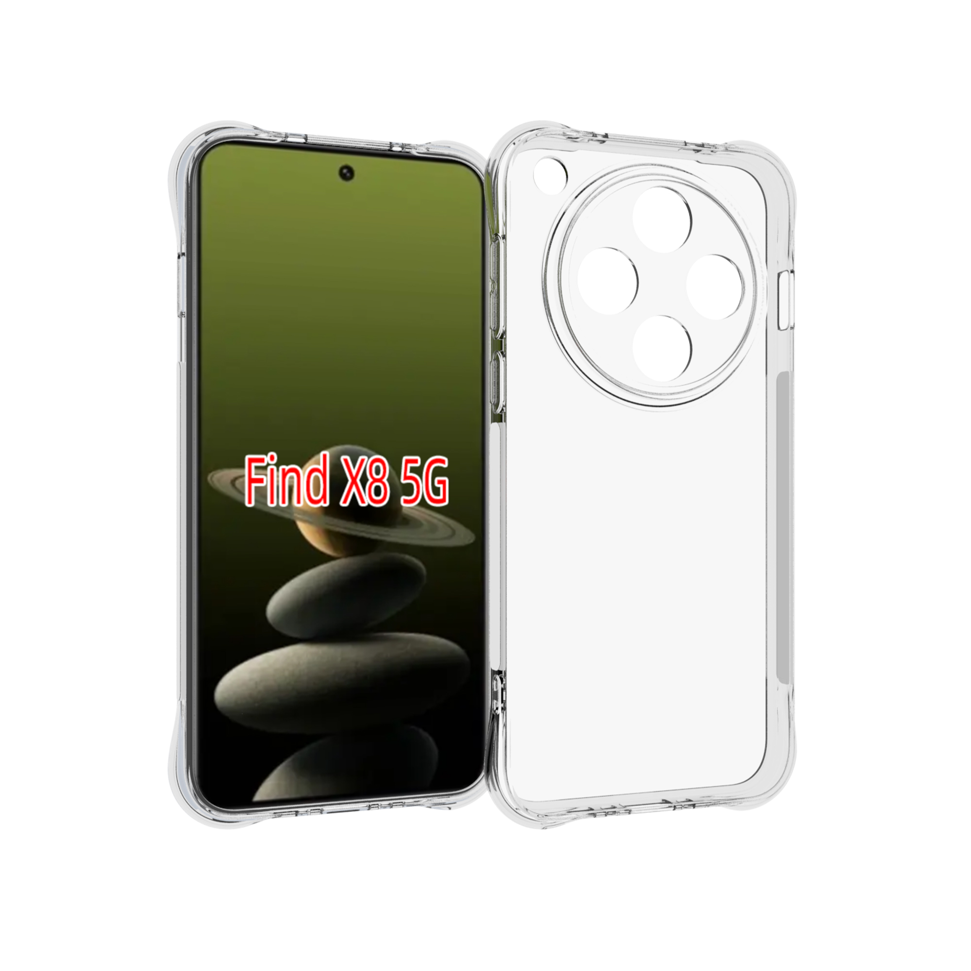 Transparente Handyhülle mit Telefon. Telefon zeigt "Find X8 5G" über einem Steinbild.