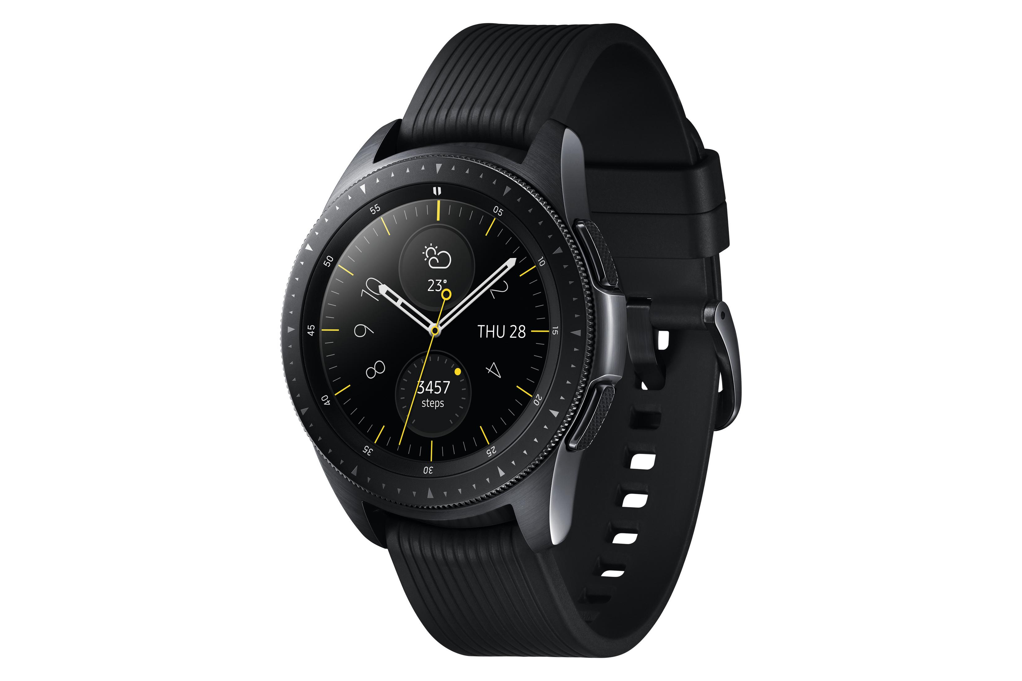 Schwarze Samsung Smartwatch mit rundem Zifferblatt, schwarzem Armband. Sie zeigt Zeit und Metriken.