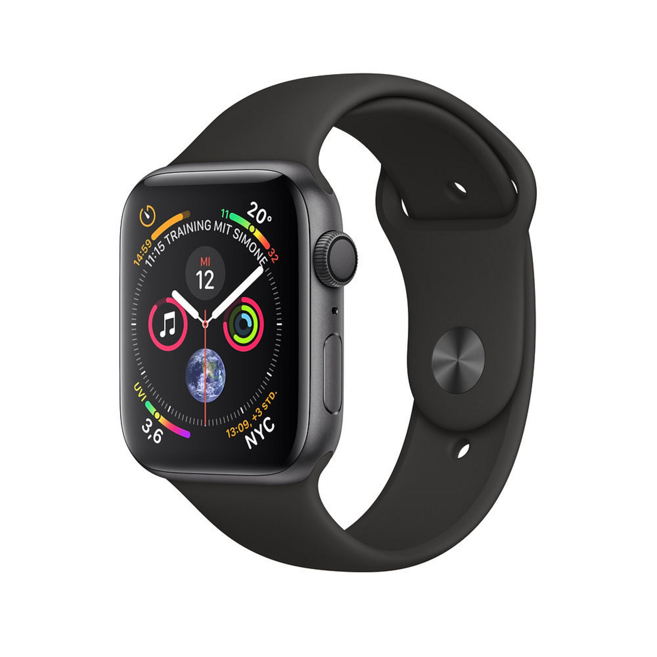 Apple Watch, schwarz mit schwarzem Armband, zeigt Ziffernblatt mit Daten.