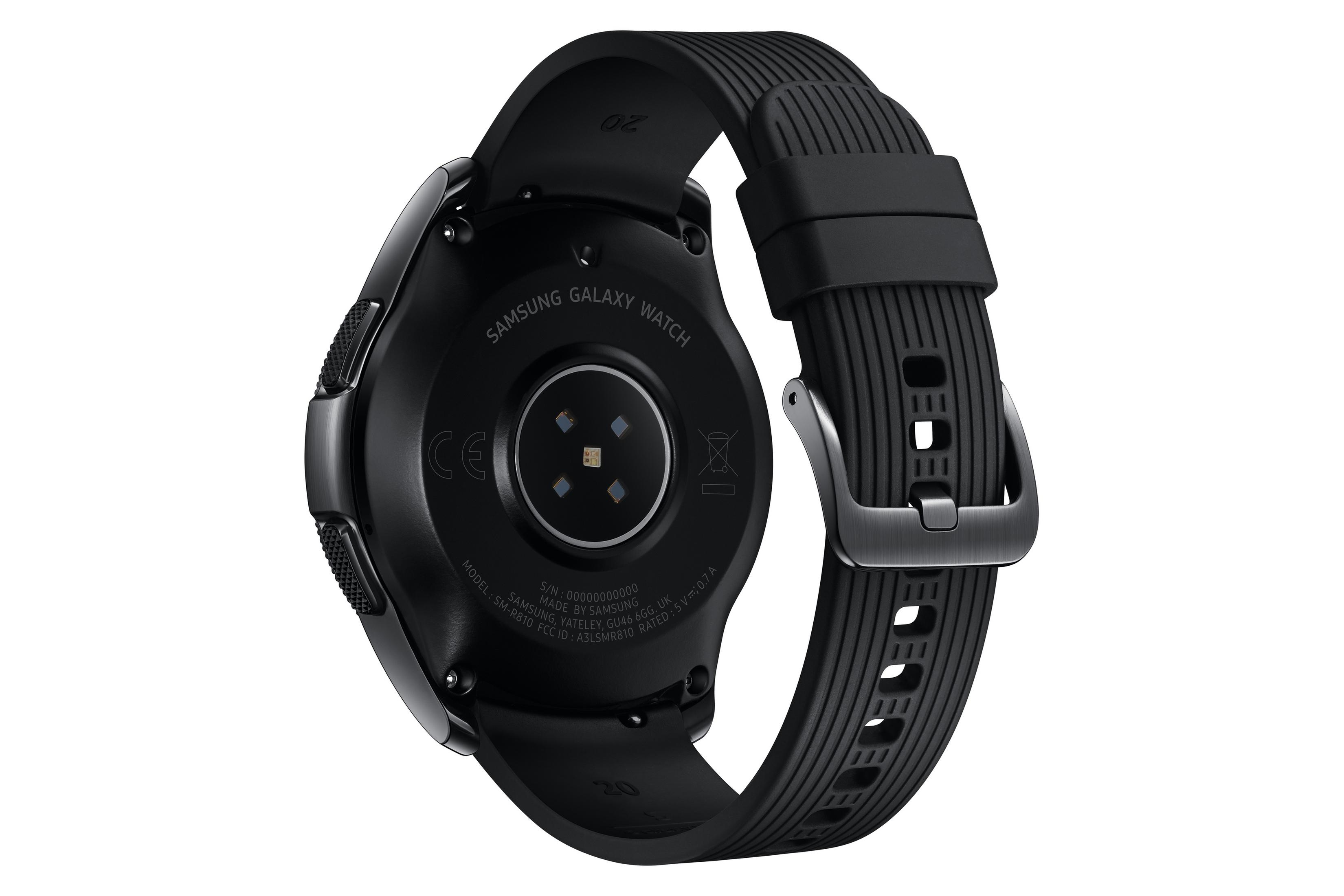 Schwarze Samsung Galaxy Watch, Rückansicht. Beinhaltet ein schwarzes Armband und Details der Uhr.