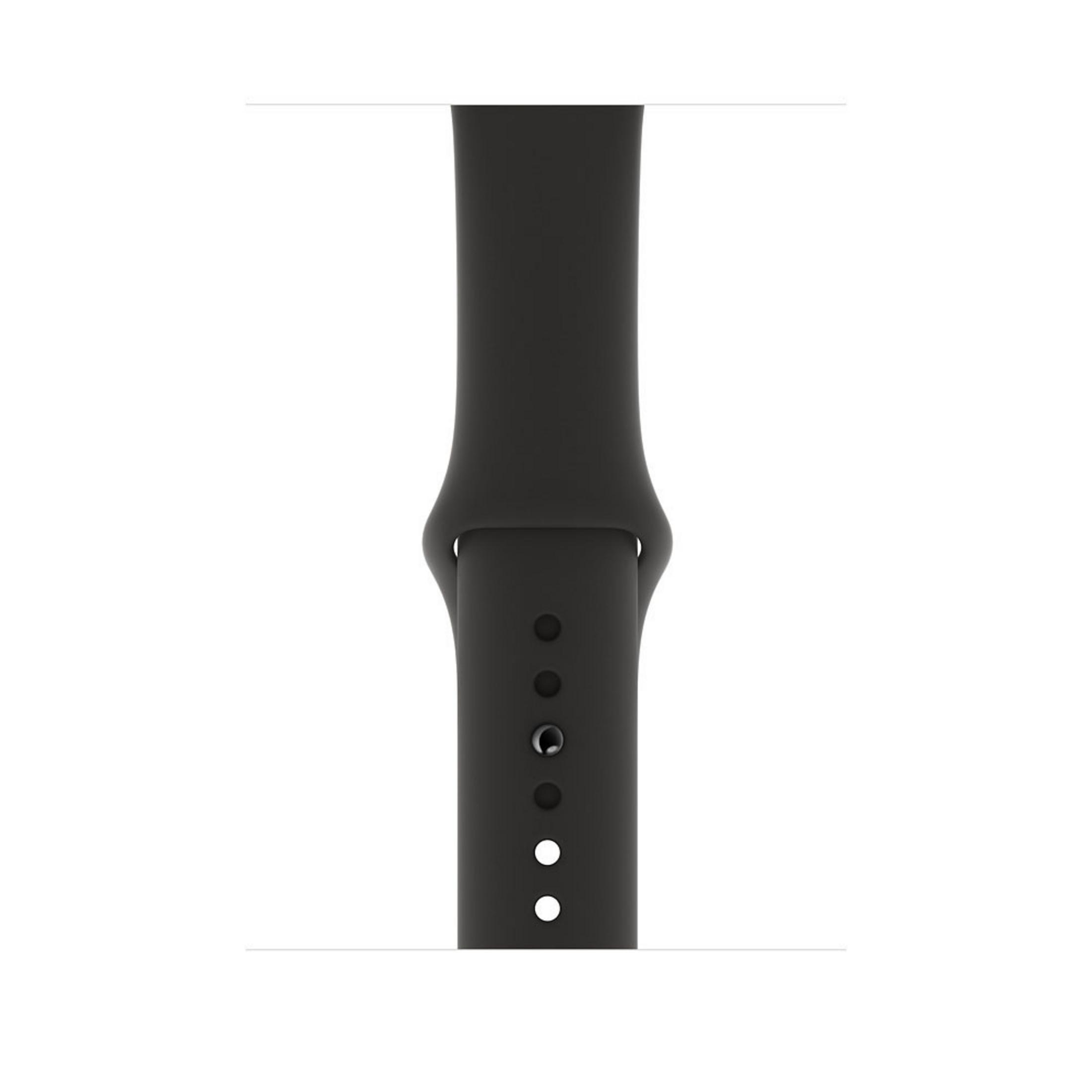 Schwarzes Apple Watch-Armband. Nahaufnahme des Armbands mit Löchern und einem Verschluss.