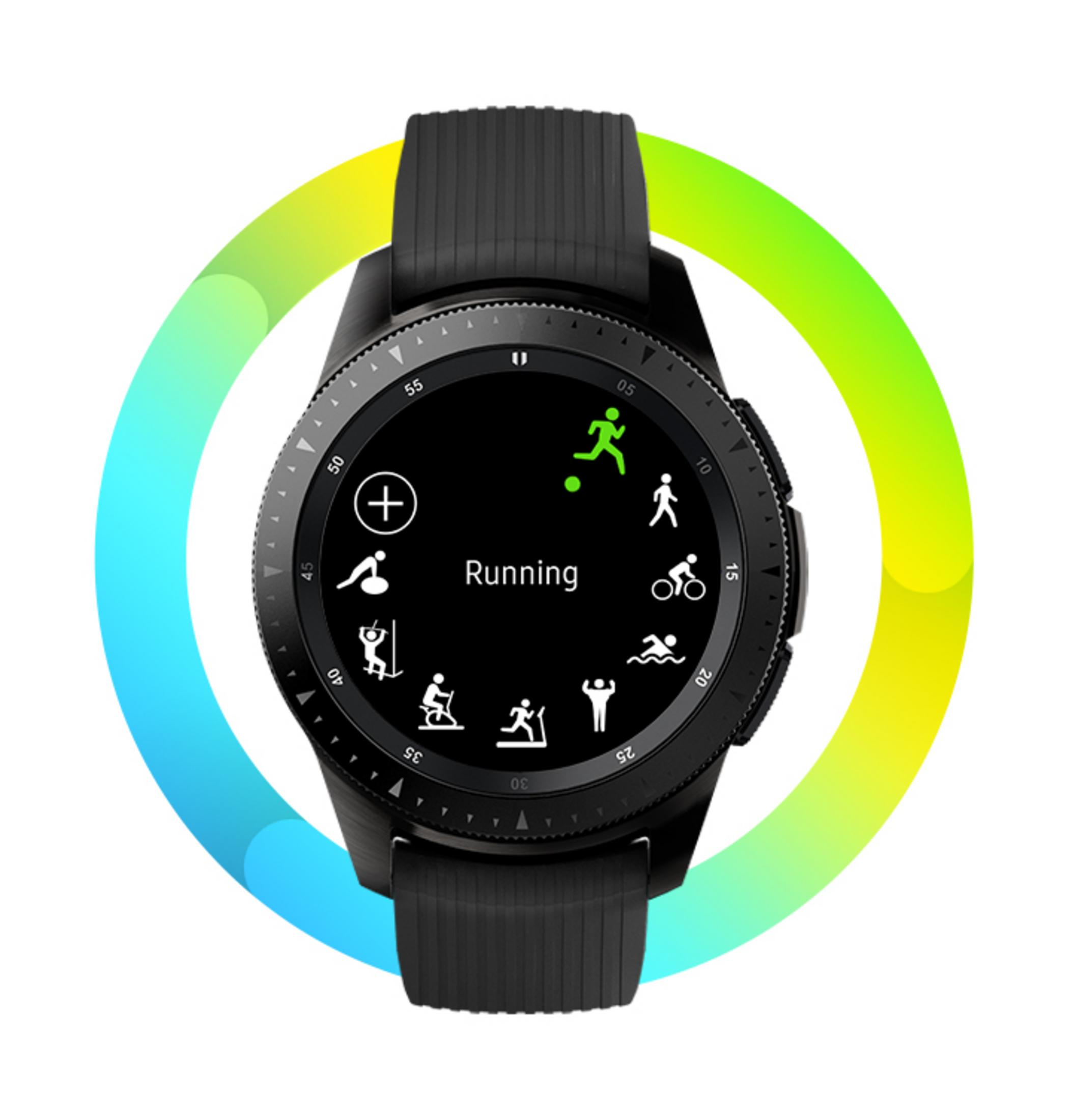 Schwarze Smartwatch mit Aktivitätssymbolen, einschließlich Läufer und Laufaktivitätsbezeichnung.