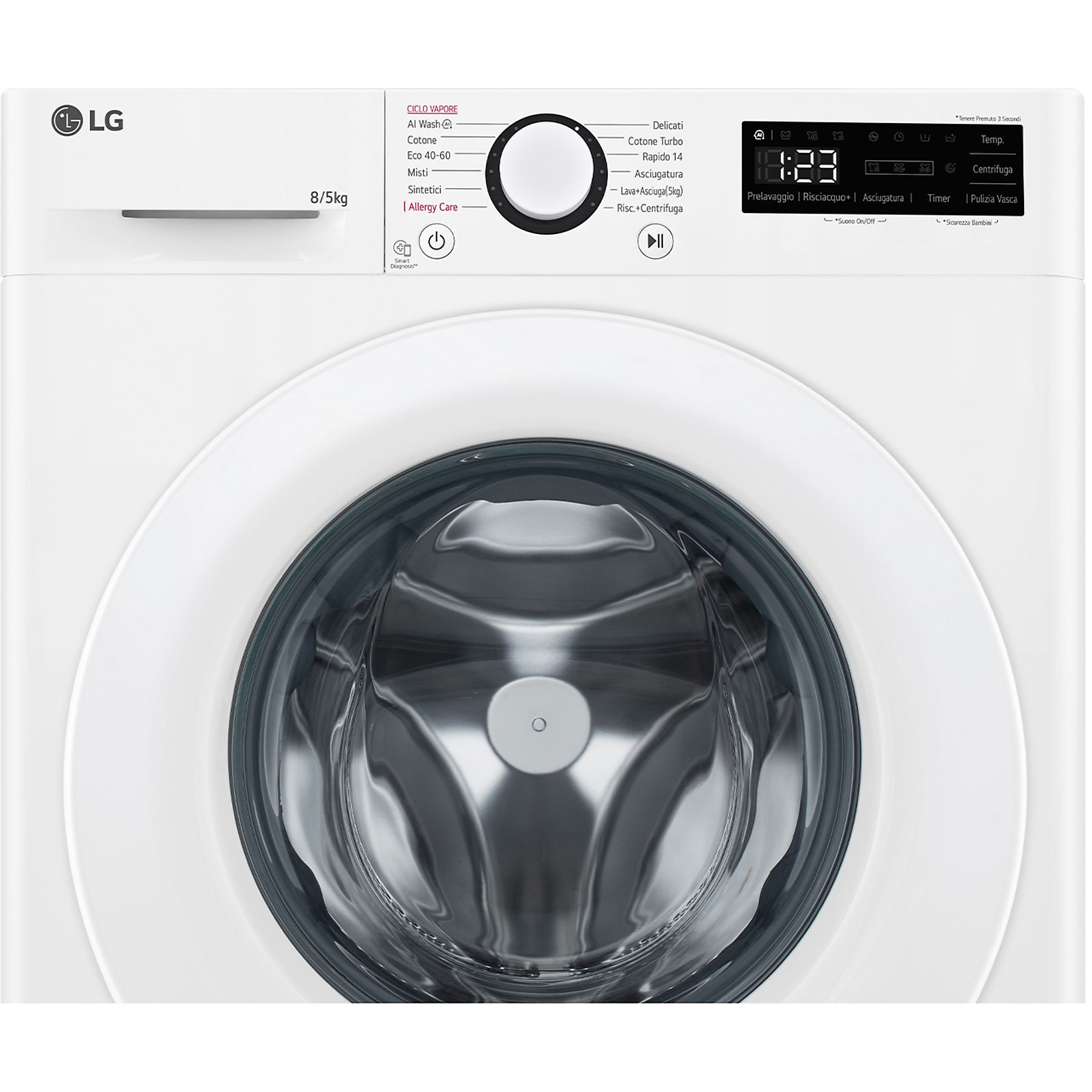 Lavatrice LG bianca, primo piano. Pannello di controllo e cestello visibili. Sfondo bianco.